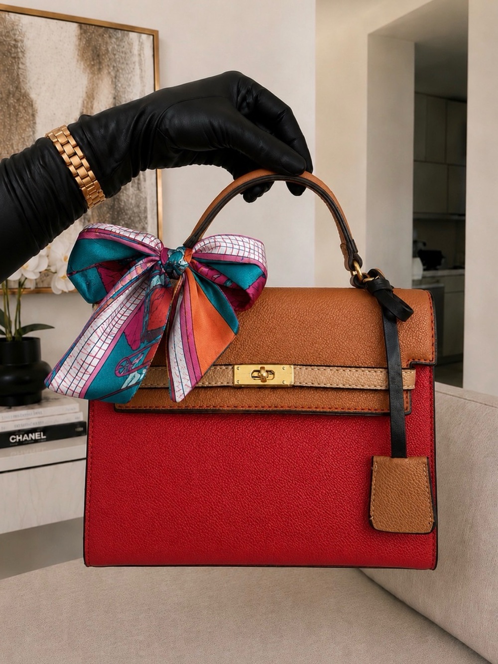 Two-Tone Red and Tan Leather Top-Handle Bag with Colorful Scarf